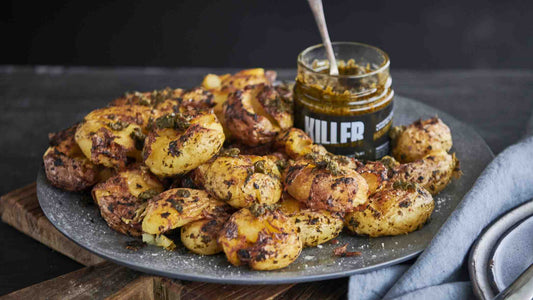 Double Cooked Smashed Potatoes with Killer Condiments Chimichurri