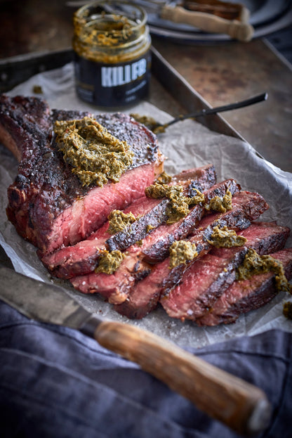 t-bone steak with killer condiments chimichurri