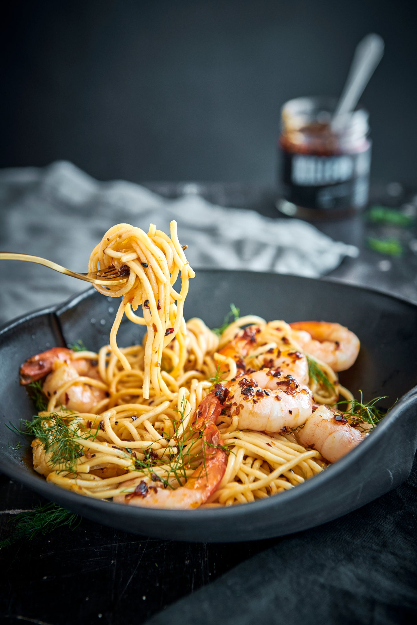 seafood pasta with killer condiments crispy chilli oil